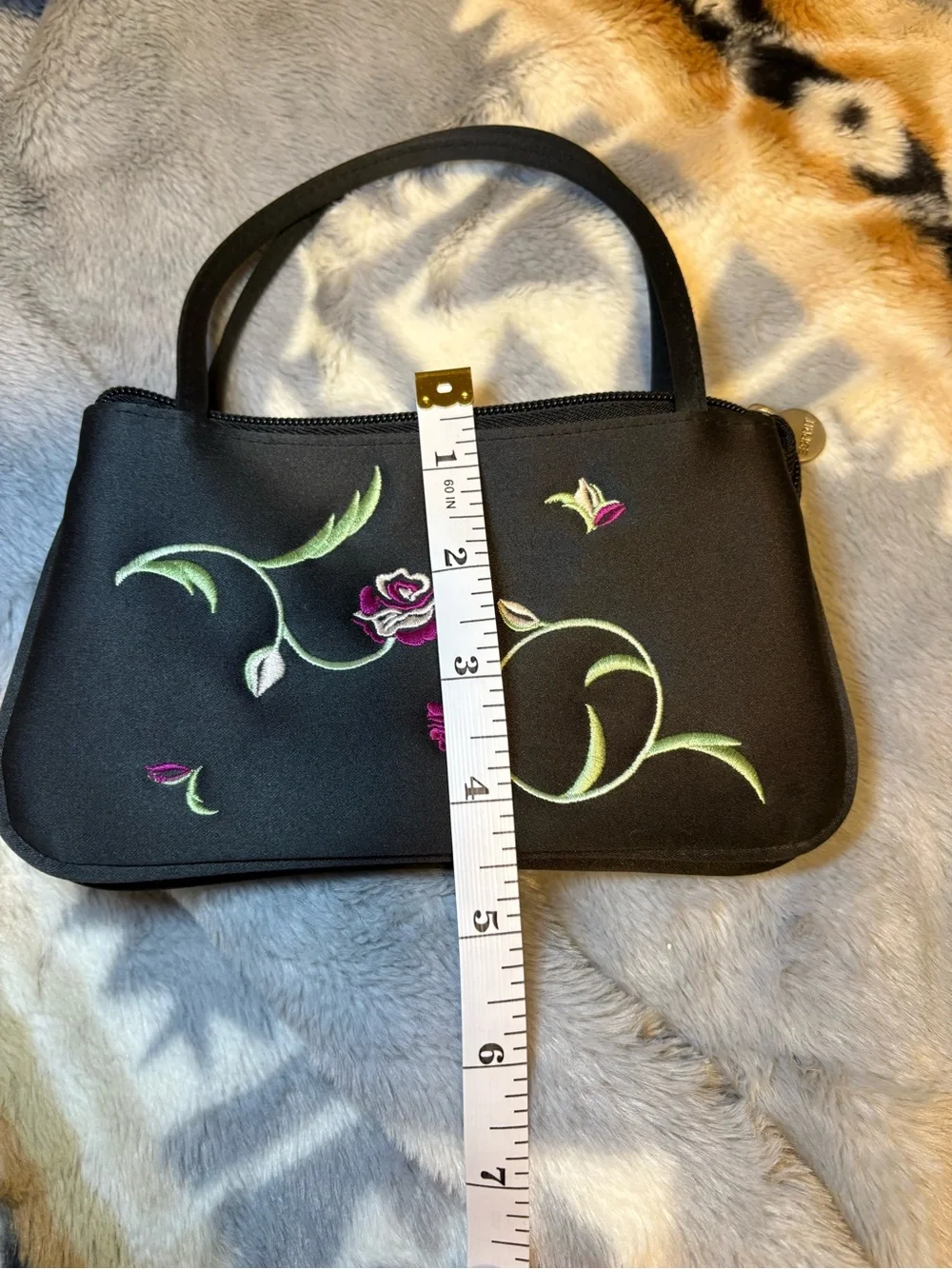 Esprit Black Clutch with Pink Rose Embroidery